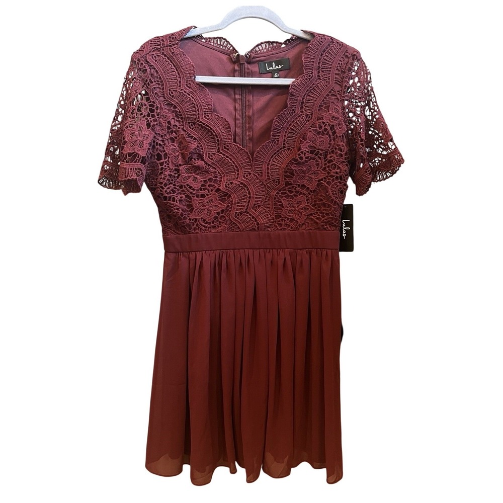Lulus Burgundy Lace Chiffon Mini Dress Short Sleeve Crochet Party Size Med NEW - Picture 2 of 6